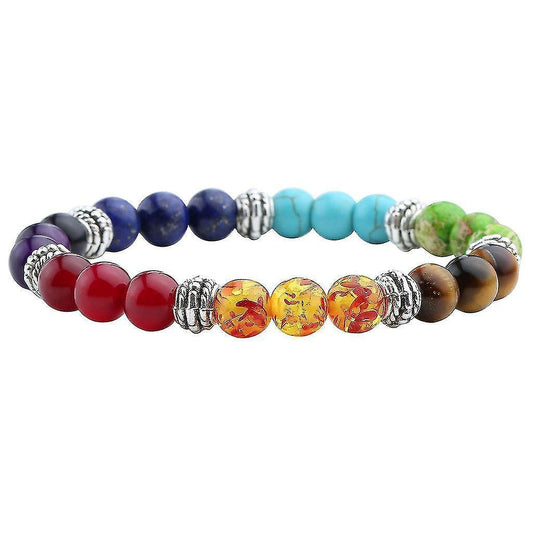 7-chakra gemstone beaded bracelet with silver-tone spacers and multicolor round stone beads