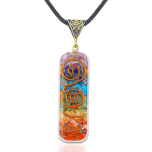 Orgone crystal pendant necklace with multicolor glass rectangular charm on black cord