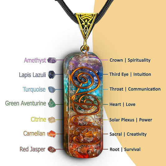 Orgone crystal pendant necklace with multicolor rectangular crystal pendant and black cord
