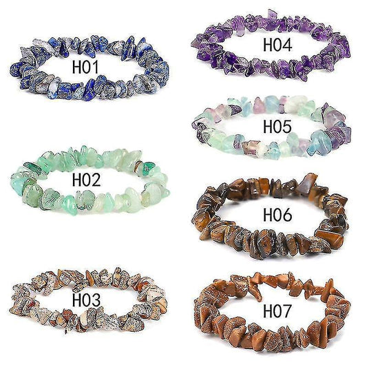 Set of crystal chip bracelets in blue, green, purple, and brown tones, assorted styles