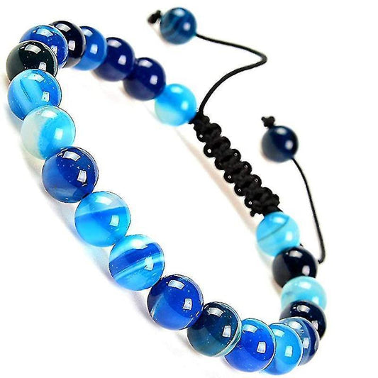 Blue gemstone bead macrame bracelet with black adjustable cord, round 8mm beads.