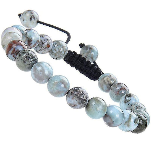 Unisex gemstone bead macrame bracelet, light blue-gray round beads on black cord