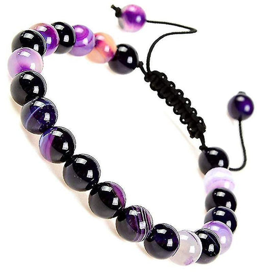 Adjustable macrame gemstone bead bracelet with purple and black round beads