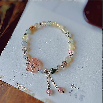 Natural Pink Strawberry Crystal Cat's Claw Pendant Tassel Bracelet