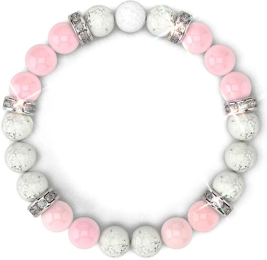 Crystal bead bracelet with pink and white stones, silver-tone spacers