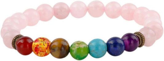 Rose quartz bead bracelet with multicolor stone beads and bronze-tone spacers
