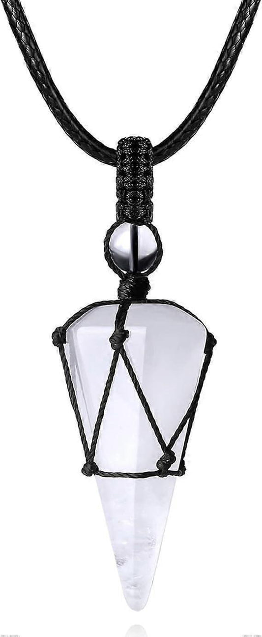 Black cord rope necklace with wire-wrapped crystal point pendant