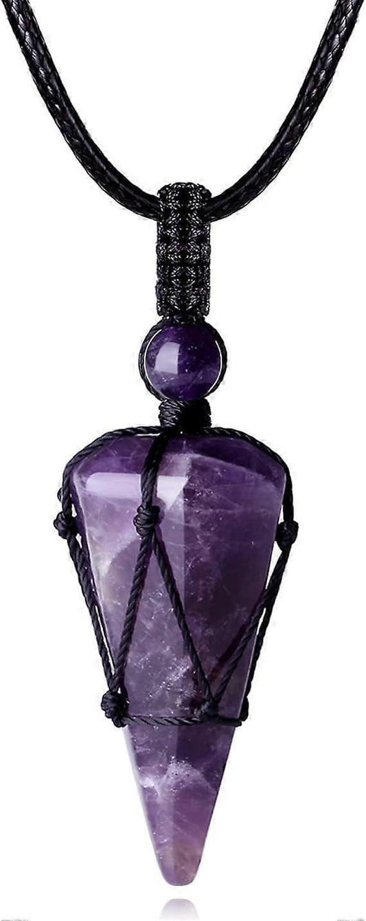 Amethyst-purple crystal point pendant on black cord rope necklace with bead caps