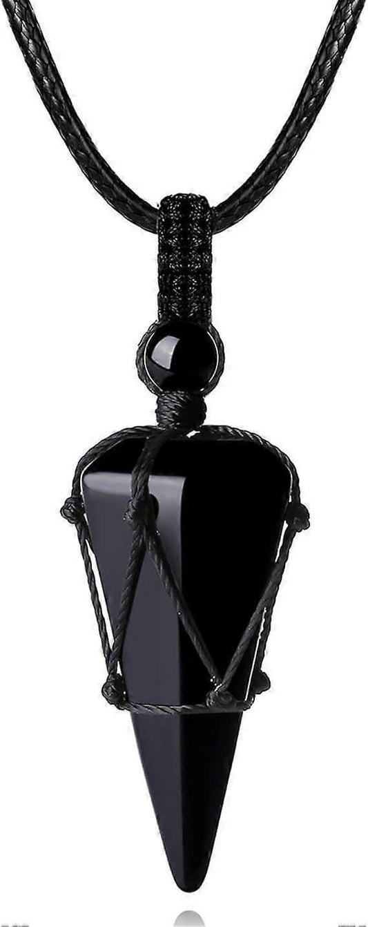 Crystal pendant necklace with black cone stone and loop cord, adjustable rope