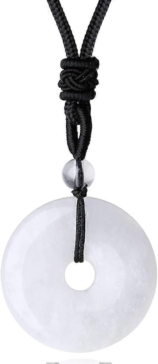 Round crystal pendant necklace with black braided cord and pale crystal disc