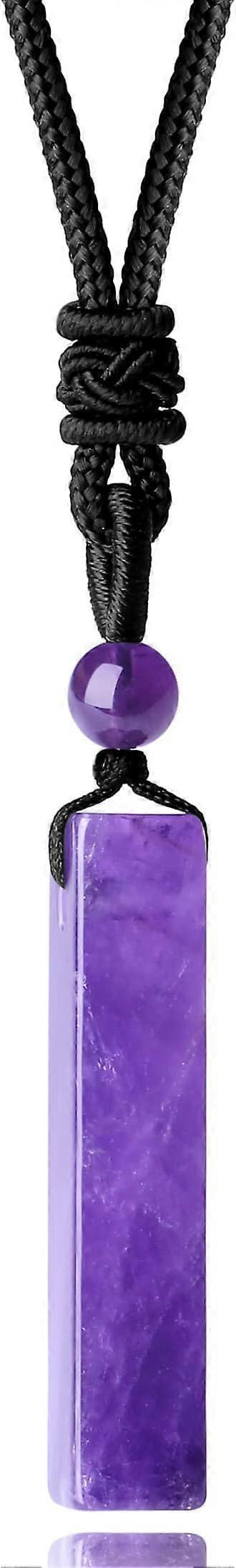 Black rope necklace with purple crystal bar pendant and adjustable knot