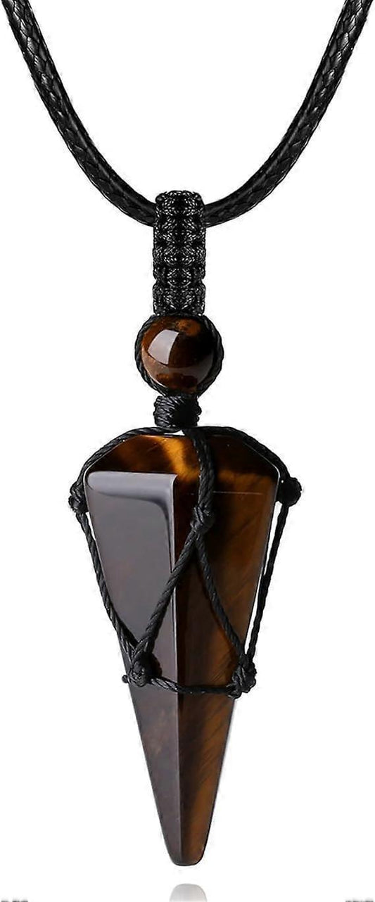 Crystal pendant necklace: brown faceted point on black adjustable rope cord