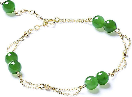 Green jade bead bracelet with 14k goldtone chain and round toggle clasp