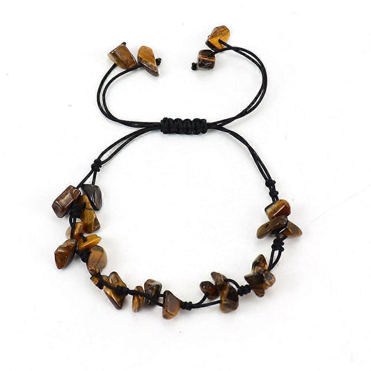 Beaded gemstone bracelet with tiger eye stones on black braided cord, adjustable knot