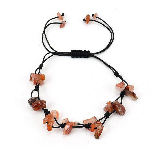 Natural gemstone bead bracelet with black cord and orange and brown chip stones