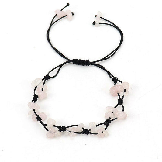 Gemstone bracelet with pale pink rose quartz beads on black adjustable cord