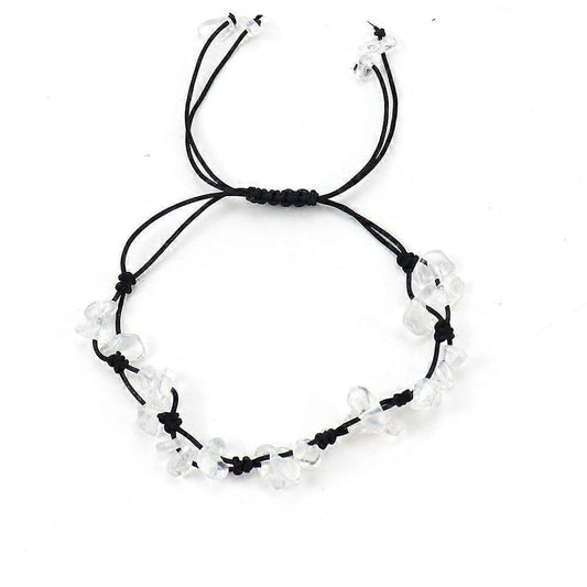 Black braided cord bracelet with small clear crystal beads and a white bead segment