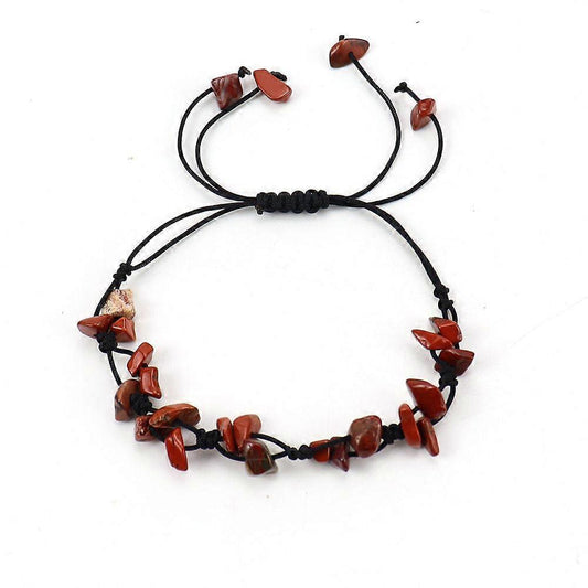 Red and brown gemstone chip bracelet with black macrame cord