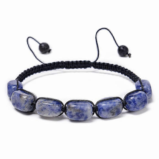 Blue gemstone bead bracelet with black braided cord and adjustable knot ties