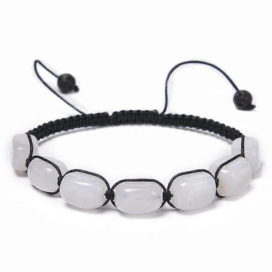 Black braided cord bracelet with white oval gemstone beads and black adjustable ties
