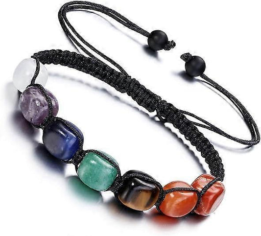 Adjustable macramé bead bracelet with dark stones and multicolor gemstone beads