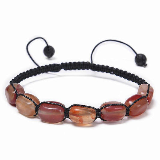 Black braided crystal bead bracelet with oval brown and dark red stones and knot adjusters