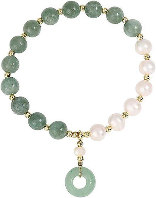 Green jade and white pearl beaded bracelet with gold clasp and round jade charm