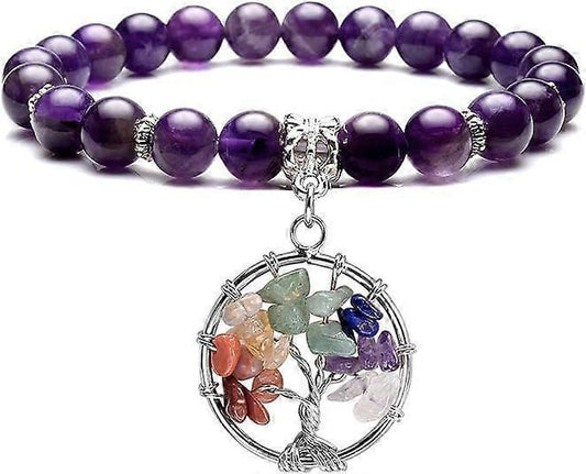 Amethyst purple beaded bracelet with silver tree of life pendant and multicolor stones