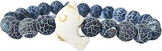 Blue cracked-stone bead bracelet with white crescent charm on elastic band