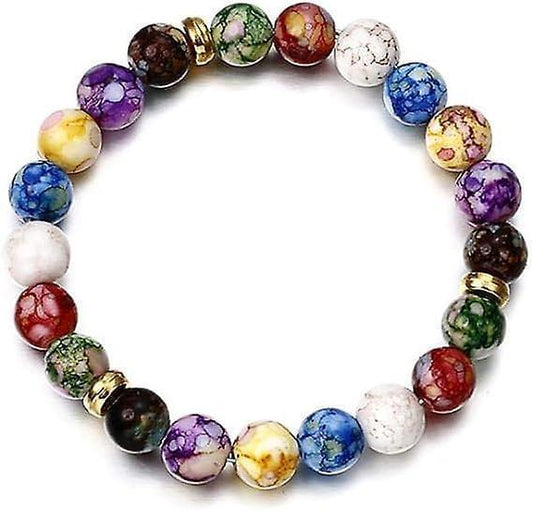 Multicolor natural gemstone bead bracelet, elastic string with round beads and gold accents