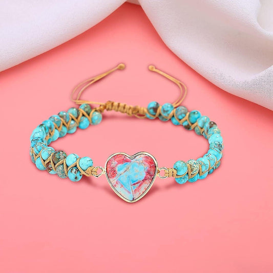 Turquoise beaded bracelet with gold heart charm pendant