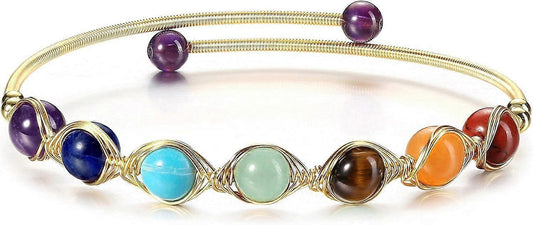 Gold wire-wrapped chakra crystal bracelet with purple, blue, green, orange gemstones