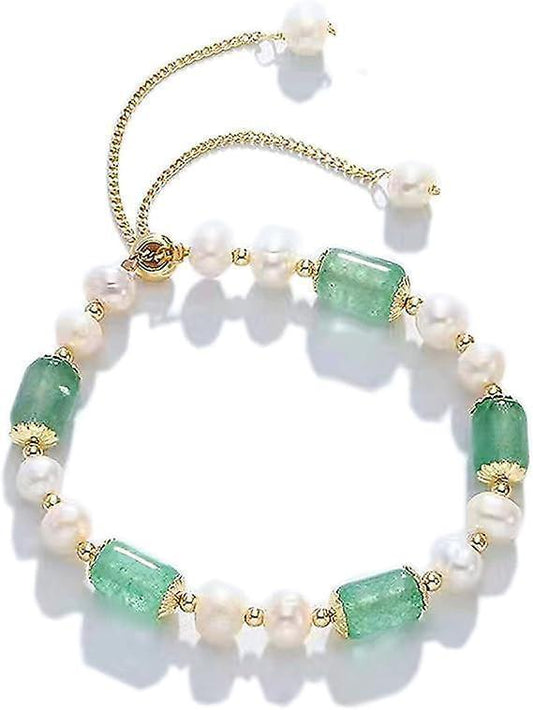 Jade and pearl bracelet with green jade bar beads and gold spacers, braided strand.
