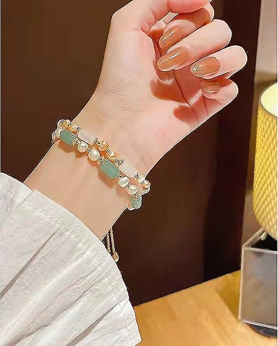 Jade Pearls Bracelet Gold Wealthy Good Fortune Jade Bangle Amulet For Women, Lucky Jade Feng Shui Healing Crystal Bracelet