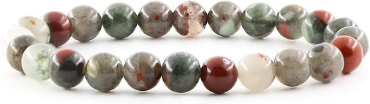 Stone bead stretch bracelet with mixed gray, green, red and white round beads