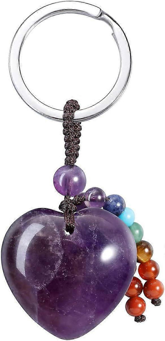 Silver key ring with dangling amethyst heart charm and dark braided bead cord