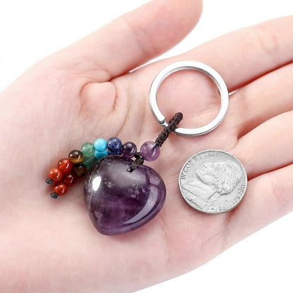 Natural Amethyst Heart Crystal Keychain 7 Chakra Healing Gemstone Key Ring Charm for Women