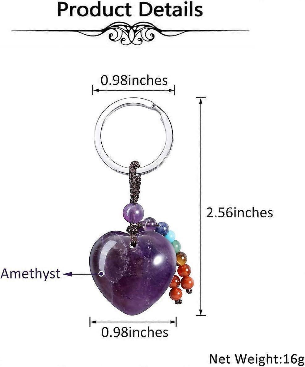 Natural Amethyst Heart Crystal Keychain 7 Chakra Healing Gemstone Key Ring Charm for Women