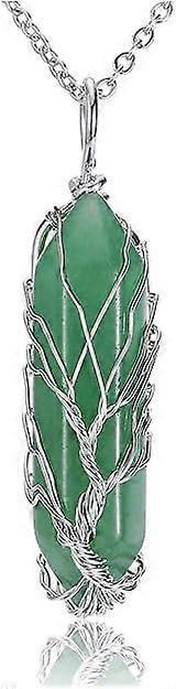 Silver chain necklace with green hexagonal crystal pendant, tree of life wire wrap