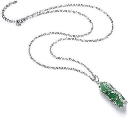 Natural Healing Crystal Stone Necklace Silver Tree Of Life Wire Wrapped Hexagonal Crystal Points Pendant Necklace for Women
