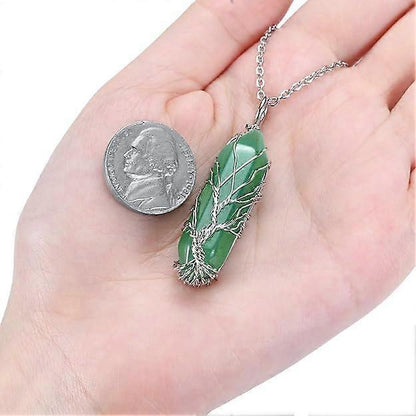 Natural Healing Crystal Stone Necklace Silver Tree Of Life Wire Wrapped Hexagonal Crystal Points Pendant Necklace for Women
