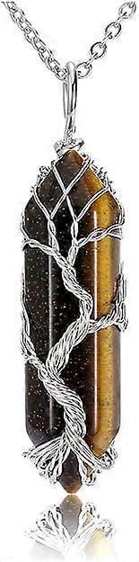 Wire-wrapped amber hexagonal crystal point pendant with tree of life wirework