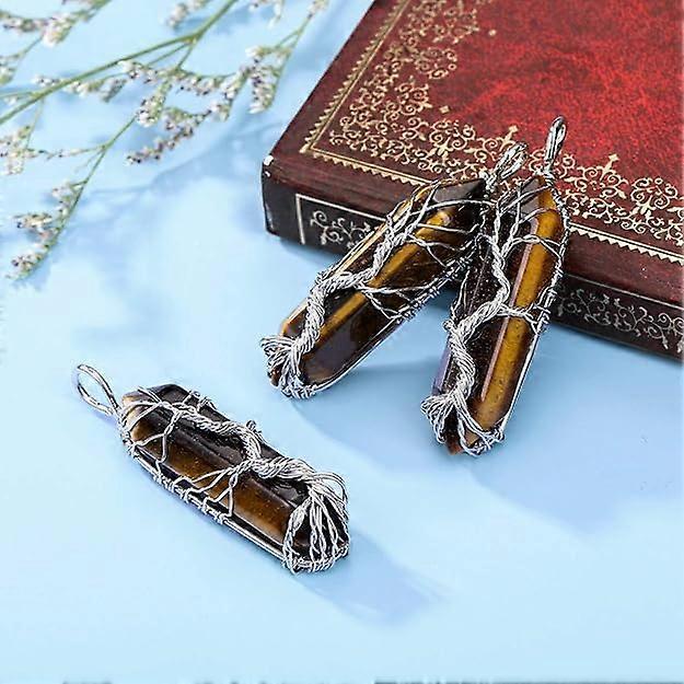 Natural Healing Crystal Stone Necklace Silver Tree Of Life Wire Wrapped Hexagonal Crystal Points Pendant Necklace for Women