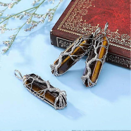 Natural Healing Crystal Stone Necklace Silver Tree Of Life Wire Wrapped Hexagonal Crystal Points Pendant Necklace for Women