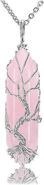 Pink crystal stone necklace pendant with silver tree-of-life wire wrap, hexagonal point