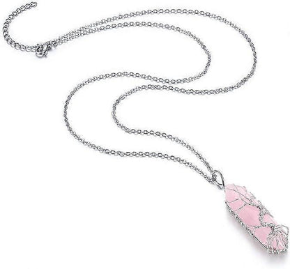 Natural Healing Crystal Stone Necklace Silver Tree Of Life Wire Wrapped Hexagonal Crystal Points Pendant Necklace for Women