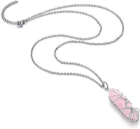 Silver chain necklace with pink hexagonal crystal point pendant in wire-wrapped setting