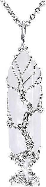 Silver tree-of-life crystal pendant necklace with wire-wrapped clear hexagonal stone