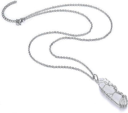 Natural Healing Crystal Stone Necklace Silver Tree Of Life Wire Wrapped Hexagonal Crystal Points Pendant Necklace for Women