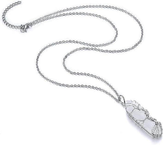 Silver crystal pendant necklace with long chain and wire-wrapped clear stone point